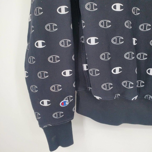 Champion Reverse Weave Hoodie Men's Small Black All Over Logo Side Stretch Flaw - Picture 14 of 14